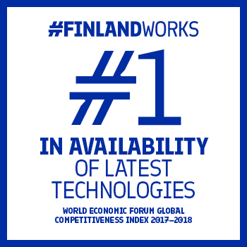 This graphic has a white background with a blue frame and the text “#FinlandWorks. #1 in availability of latest technologies. World Economic Forum Global Competitiveness Index 2017-2018