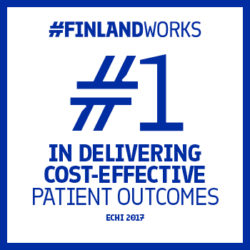 This graphic has a white background with a blue frame and the text “#FinlandWorks. #1 in delivering cost-effective patient outcomes. Echi 2017" 