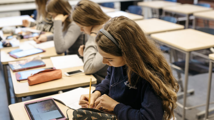 Girls studying in school