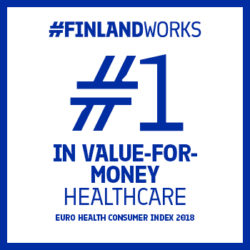 This graphic has a white background with a blue frame and the text “#FinlandWorks. #1 in value-for-money healthcare. Euro Health Consumer Index 2018"