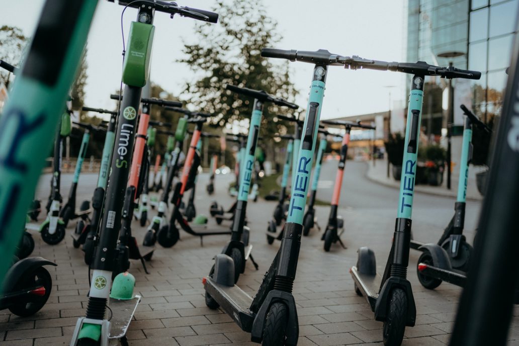 Picture of electric scooters parked.