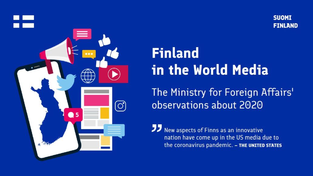 Text Finland in world media 2020, with a picture of blue Finland map and smaller social media icons
