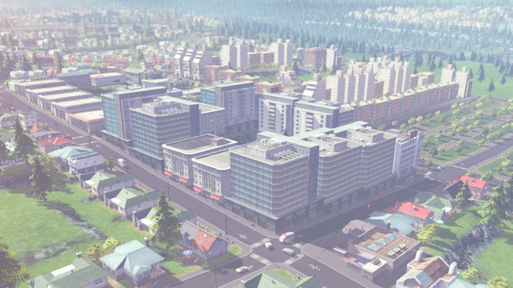 A city created in the game Cities: Skylines, a block of high-rise buildings surrounded by blocks of smaller houses.