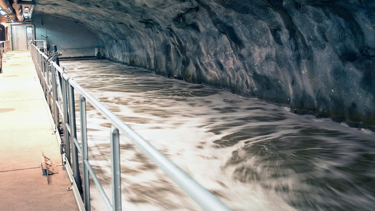 Water flowing in a tunnel in a water treatment plant.