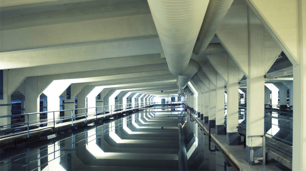 A big hallway in a water treatment plant.